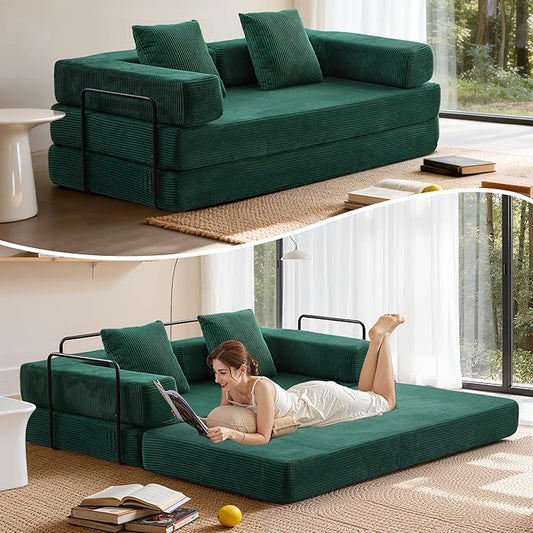 Convertible Floor Sofa Bed, Fold Out Floor Couch with Pillow Back & Armrest, Compressed Couch with Fixed-Shape Frame, Corduroy Foldable Sleeper Sofa Bed for Living Room Bedroom, Dark Green