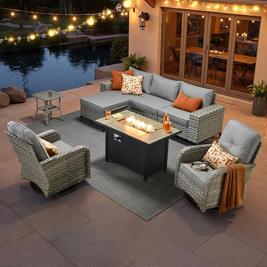 HOOOWOOO Outdoor Sectional Furniture Set with Fire Pit Table,8 Pieces Wicker Patio Conversation Sets,L Shape All Weather Outside Couch Sofa Set with Swivel Chairs Side Table Ottoman,Charcoal Gray