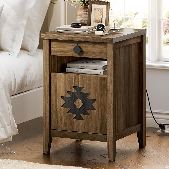 Night Stand with Charging Station and Drawers for Small Space,Wood Nightstand with Storage Cabinet & Drawer & Shelf,Modern and Farmhouse Nightstand for Bedroom,Walnut by Unknown