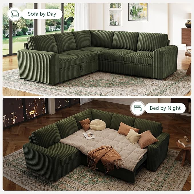 HONBAY Modular Sectional Sleeper Sofa with Pull Out Bed,Corduroy L Shaped Couch with Storage, Sectional Couches for Living Room,Green