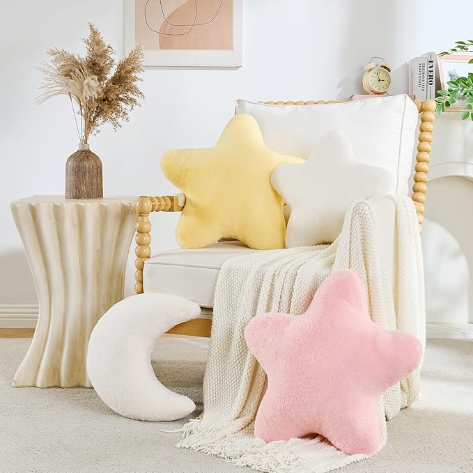 CANGHI 2PCS Star Moon Pillow Yellow Star Shaped Decorative Throw Pillows White Moon Shaped Pillow Aesthetic Plush Floor Seating Cushions with Soft Faux Rabbit Fur for Sofa Bedroom Living Room