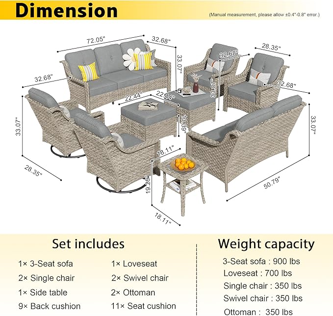 HOOOWOOO 9 Piece Patio Furniture Conversation Sets with Swivel Rocking Chairs,Outdoor Wicker Furniture with Ottoman,All Weather Resistant High Back Rattan Conversational Set(Dark Grey Gray)