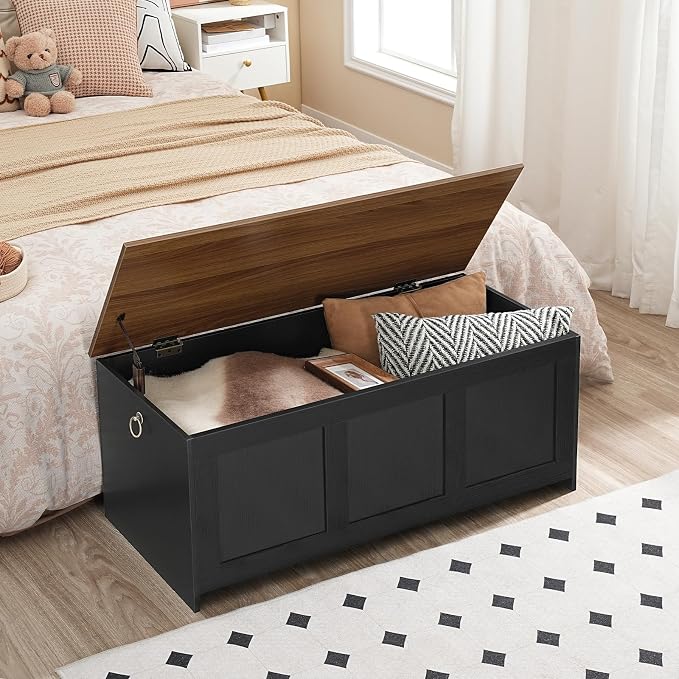 HOOBRO Storage Bench, 39.3" Retro Wooden Storage Chest, Wooden Storage Trunk, Toy Chest with Lift Top, Multifunctional Entryway Organizer, for Entryway, Living Room, Black and Walnut BH141CW01 - Image 4