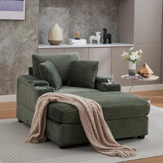 KEIKI Oversized Accent Chair with Ottoman, Chaise Lounge Chair Indoor with Handrail Storage, Cupholders, Oversized Sofa Bed, Deep Seat Sleeper Couch Reading Chairs for Living Room, Dark Green