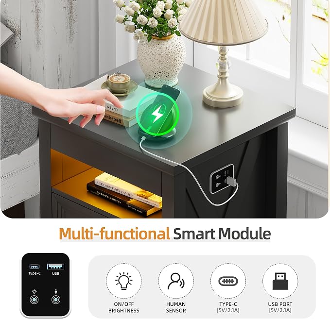 HNEBC Set of 2 Smart Night Stand with Gun Drawer,LED Nightstand with Charging Sation,Bedside Table with 3 Color Lights,End Table with Glass Desktop,3 Drawers,Bedroom,Black - Image 5