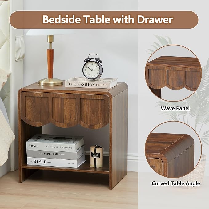 Small Night Stand Set of 2, Mid Century Modern Farmhouse Wood Nightstand with Wave Panel Drawer, Bed Side End Table for Small Space, Living Room - Walnut - Image 4