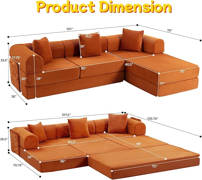 106.3" L Shape Convertible Sleeper Sofa Bed, Oversized Modular Sectional Cloud Sofa with Fixed-Shape Frame & Storage Pocket, Boneless Couch for Living Room, No Assembly Required, Orange