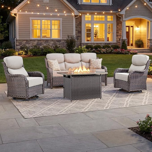 Luxury Patio Furniture Set with 6-inch Thick Cushion, Outdoor Furniture with Fire Pit Table, Swivel Chairs, Sofa, 4pcs Wicker Conversation Set for Deck Yard and Poolside(Beige)