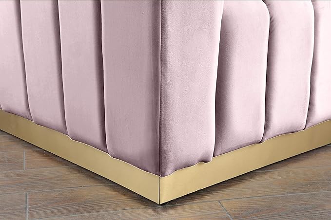 Meridian Furniture 603Pink-S Marlon Collection Modern | Contemporary Velvet Upholstered Sofa with Deep Channel Tufting, Stainless Steel Base in a Brushed Gold Finish, Pink, 86.5" W x 34" D x 28" H