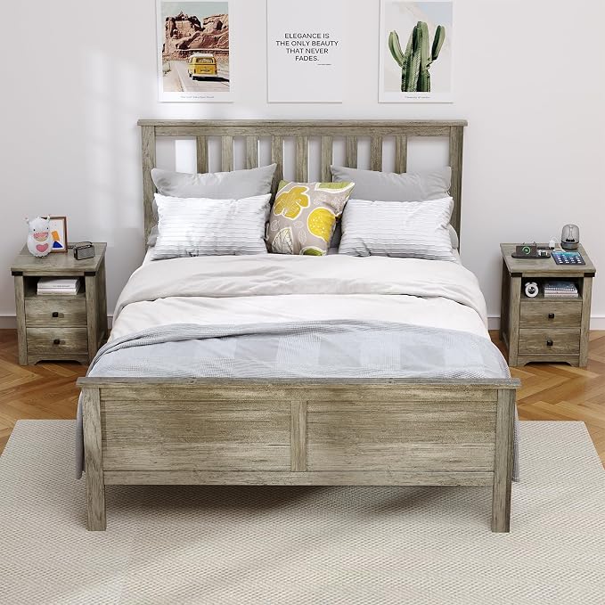 Airynee Nightstand with Charging Station, Farmhouse Nightstand with LED Lights, Modern Rustic Side Table with 2 Storage Drawers, Wooden End Table for Bedroom, Light Rustic Oak 2pcs - Image 2