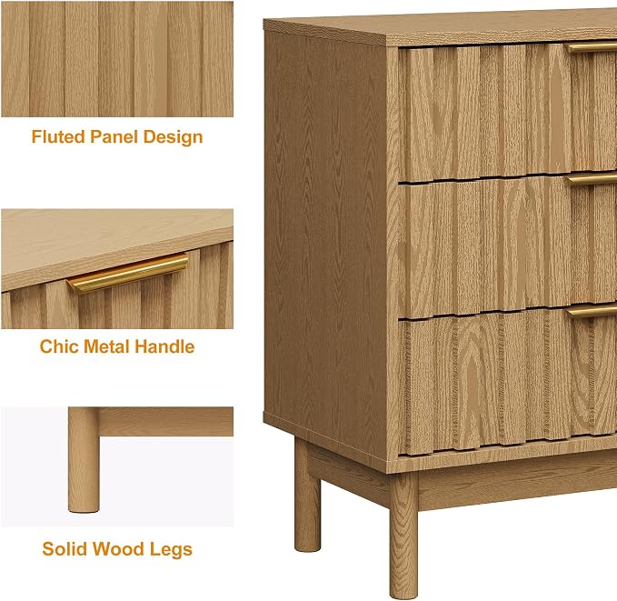 RoyalCraft 3 Drawer Nightstand, Modern Fluted Chest of Drawers, Wooden Storage Night Stand Side Table with Chic Edge Pull, Perfect for Bedroom, Living Room, Entryway, Natural Wood Tone - Image 7
