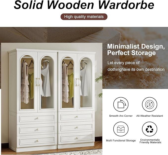 Solid Wood Armoire Wardrobe Closet, 4 Door Solid Wood Wardrobe Cabinet with 2 Drawers, Armoire Closet with Hanging Rods Storing Clothes for Bedroom (White-26)