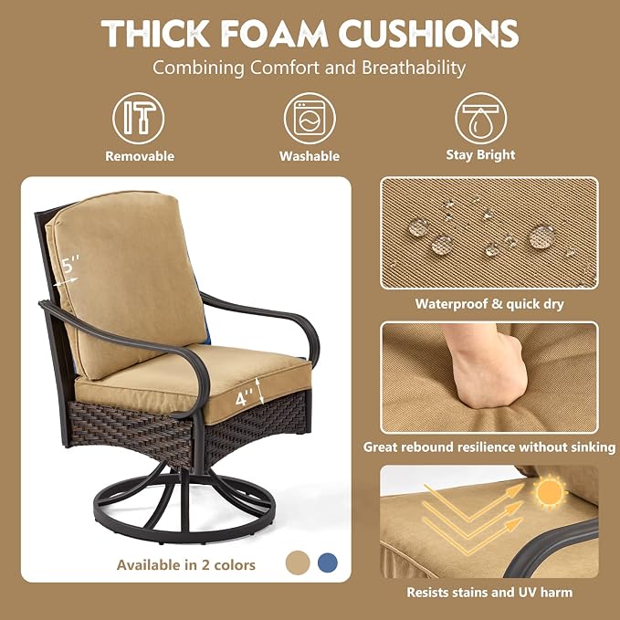EROMMY Patio Swivel Chairs Set of 6, Outdoor Swivel Chairs with Cushion, Patio Dining Chairs for Garden, Patio, Backyard and Balcony, Khaki - Image 5