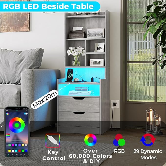 ADORNEVE Tall Night Stand with Charging Station and LED Lights,Nightstand with Bookshelf,Bedside Table with Drawers & Power Outlets,End Side Table for Bedrooms (Grey) - Image 4