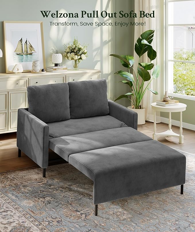 47.2" Convertible Sofa Bed Couch, Comfy Corduroy Couch Bed, All in 1 Loveseat Sleeper Sofa, Love Seat Sleeper Bed with 2 Pillows, Modern Couches for Living Room/Apartment/Home/Office, Grey