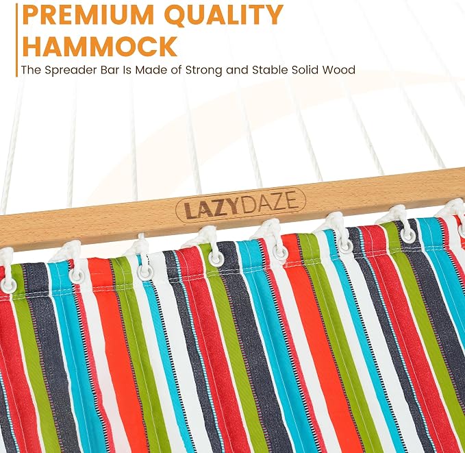 Lazy Daze Hammocks 12 FT Quilted Fabric Double Hammock with Spreader Bars and Detachable Pillow, 450lbs Weight Capacity, Bright Stripe - Image 4