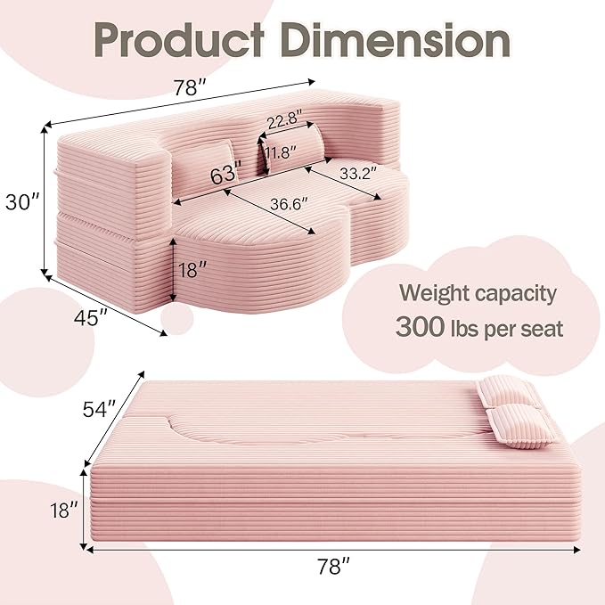 78" Convertible Sofa Bed, 2-in-1 Folding Floor Couch with 2 Pillows, Sleeper Sofa for Living Room and Bedroom, No Assembly Required (Pink, Corduroy Fabric)