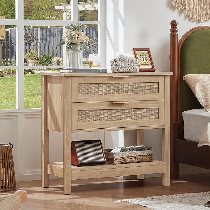 LEYAOYAO 31.5" Wide Rattan Night Stand, Oversized Large Boho Nightstand with 2 Drawer, Natural Wood Bed Side End Tables with Storage Shelf, Tall Bedside Table for Bedroom Living Room, Hallway - Image 5