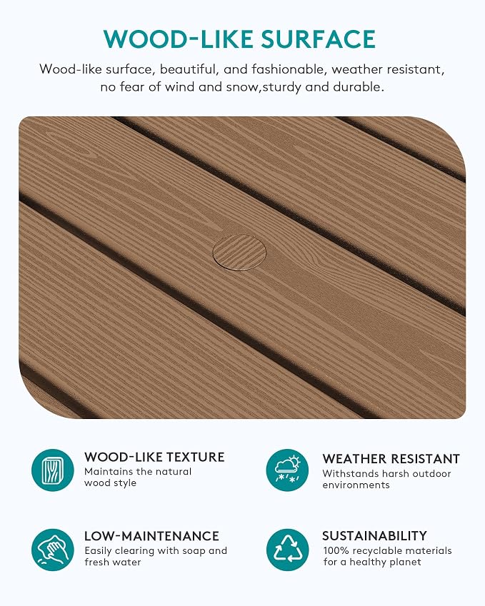 SERWALL Outdoor Coffee Table with 1.69" Umbrella Hole, HDPE Patio Coffee Table for Outside, Rectangle, Brown - Image 4