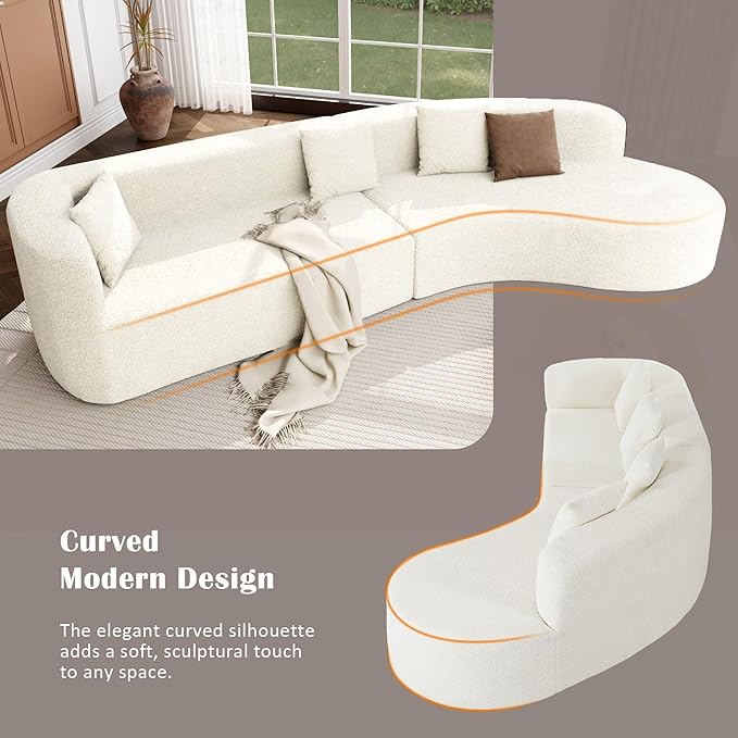 Merax Modern Minimalist Large 2-Piece Sectional Curved Chenille Sofa with 3 Pillows and High-Density Foam for Luxurious Comfort and Seamless, for Living Room, Bedroom, White