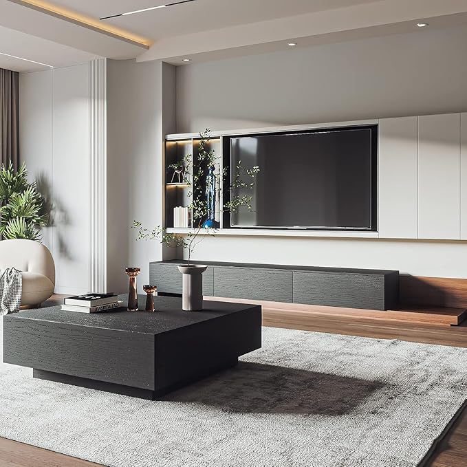POVISON Modern Square Coffee Table with Drawers, 39.37" Wood Coffee Table for Living Room Home Office, Fully-Assembled Black