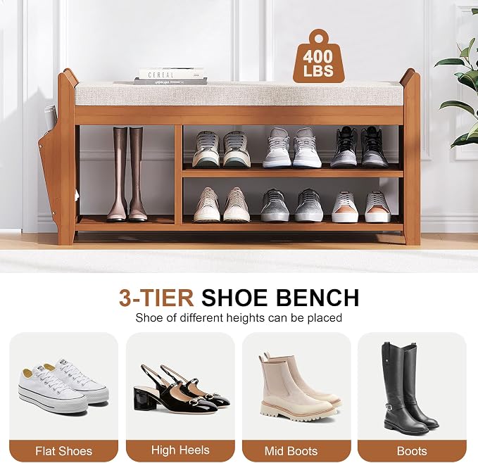 PETKABOO 39.4" Shoe Bench with Coat Rack Hidden Drawer and Side Holder, 2 Tier Entryway Bench with Storage, Bamboo Shoe Rack with Cushion for Entryway Hallway Living Room Bedroom - Image 5