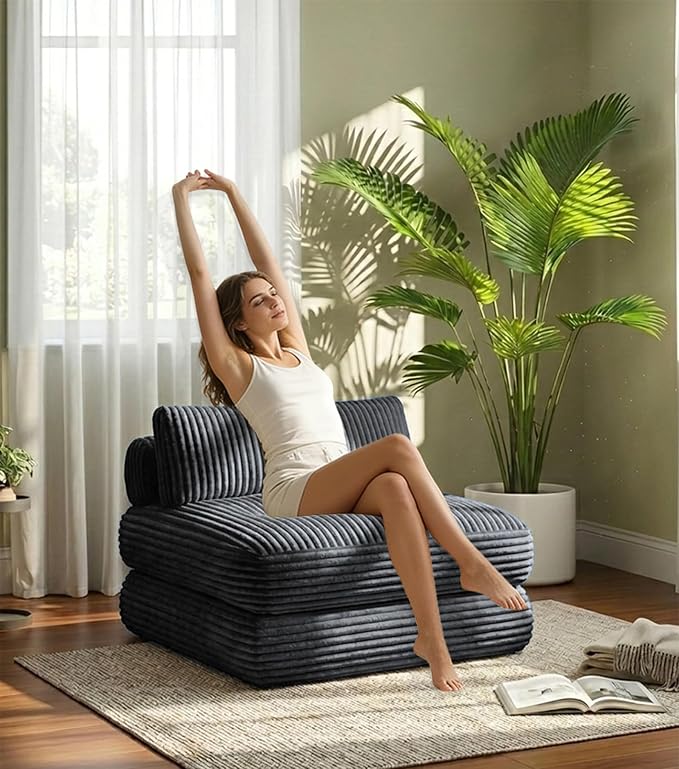 Plush Corduroy Folding Sofa Bed, Free Setup Floor Beds, 34" Boneless Couch for Small Spaces, Corner Chair, Convertible Sleeper Chair, Corner Couch, Foldable Sleeper Sofa Beds, Grey