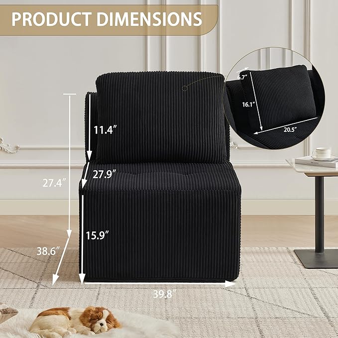 Modular Sectional Sofa with Movable Ottoman, 1 Seat Deep Seat Couch with 1 Pillow, Comfy Cloud Sectional Sofa for Living Room, Bedroom and Apartment (Black, 1 Middle)