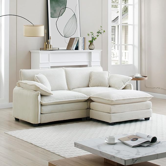 KEIKI 81" L-Shaped Oversized Corduroy Modular Sectional Loveseat Sofa with 1 Ottoman, High-Density Foam Cushions, Removable Armrests, Upholstered 2-Seater Couch with 4 Pillow, for Living Room, Beige