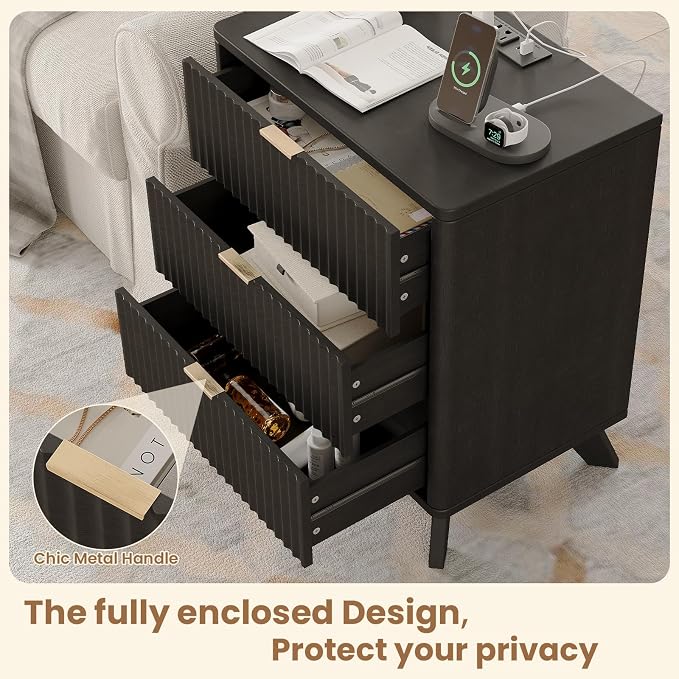 30" Tall Fluted NightStand Set of 2,Modern Side Table with Storage, 3 Drawers End Table with Charging Station,Night Stand Wood Bedside Tables for Bedroom,Curved Profile Design,Black - Image 6