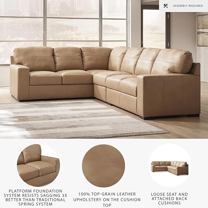 Signature Design by Ashley Bandon Modern Leather Match Left-Arm Facing 3-Piece Sectional with Removable Cushions and Armrest, Light Brown