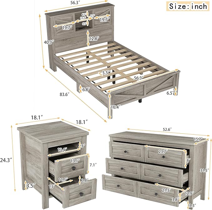 3-Pieces Bedroom Sets, Full Size Farmhouse Platform Bed with Cabinet and Nightstand, Wood Bedroom Furniture Set with Storage Headboard, No Box Spring Needed (Antique Gray/77)