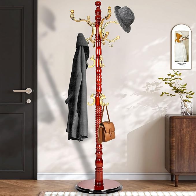 73'' Vintage Coat Racks Freestanding with 18 Hooks, Solid Wood Coat Rack Hanger Stand with 3 Adjustable Size and Disc Base, Standing Coat Rack Tree for Entryway, Bedroom, Hallway, Office, Apartment by PZDJUMO
