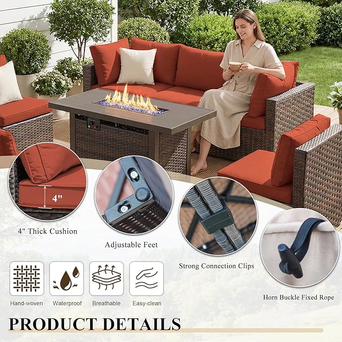 Patio Furniture Set 5 Pieces with 44" Fire Pit Table, Rattan Outdoor Sectional Conversation Sets, All Weather Outdoor Furniture Set with Cushions for Garden Lawn Balcony Porch Deck Red