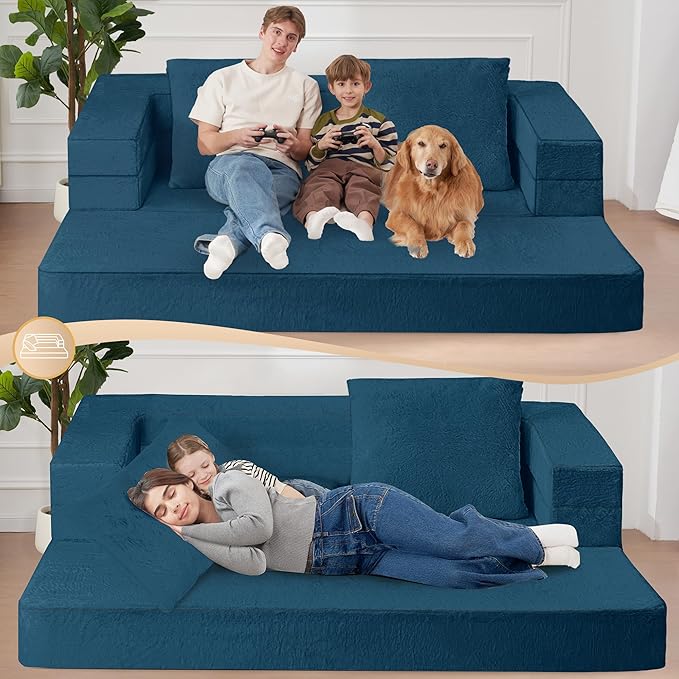 Futon Sofa Bed with Pillow, 3-in-1 Sleeper Sofa Bed with Removable Cover, Convertible Floor Sofa Bed, No Assembly Boneless Couch for Living Room, Bedroom