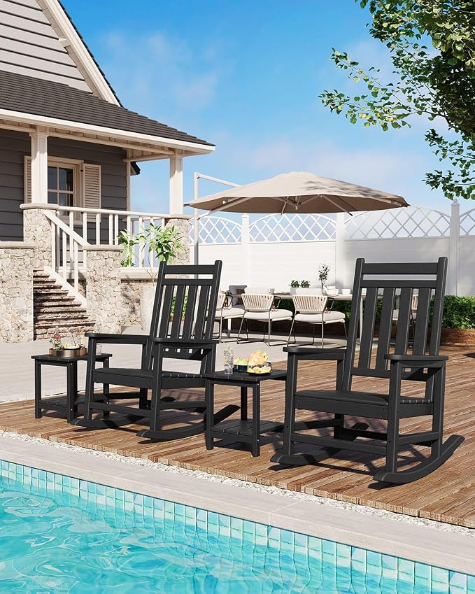 Garvee HDPE Rocking Chair Outdoor Set of 4 - Poly High Back Porch Rocker Chairs for Adults - All Weather Resistant Furniture for Patio Front Porch - Black - Image 6
