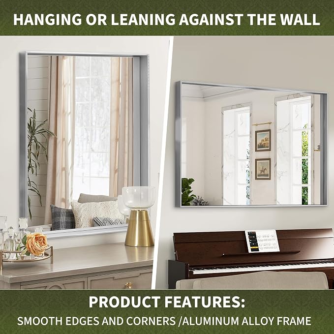 Suidia Bathroom Mirror, 60" x 36" Wall Mirror Metal Framed, Bathroom Vanity Mirror for Living Room Bedroom Bathroom Entryway, Silver, Rect Corner Style - Image 4