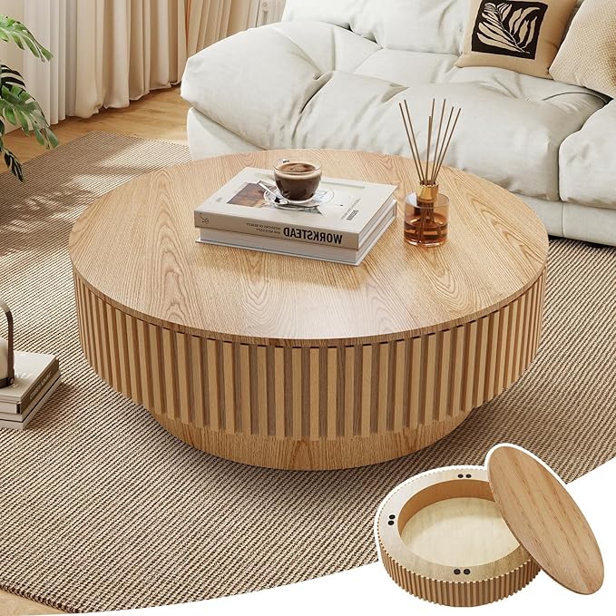 39.37'' Round Coffee Table with Storage, Modern Wooden Fluted Circle Coffee Table Oak Unique Drum Center Table Wood Circular Tea Table for Living Room, Office, Small Apartment, Natural Wood