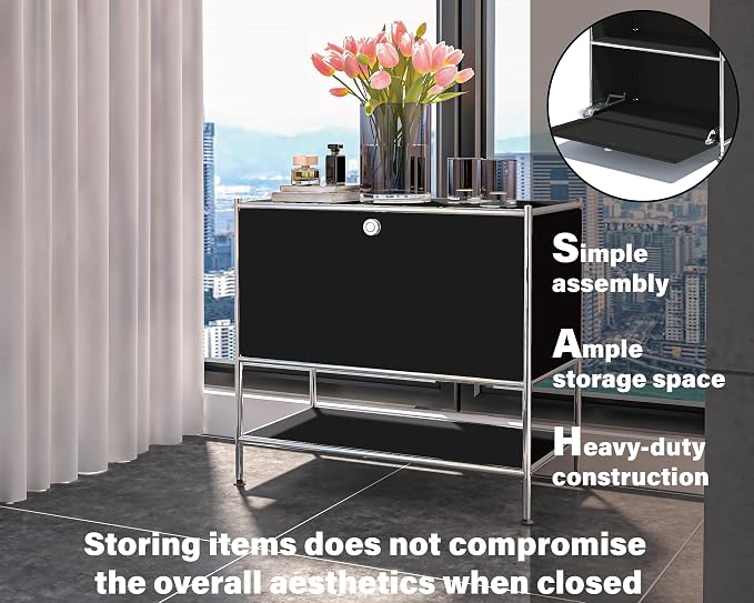 Metal Sidetable with Flap Door, 27.5" Height - DIY Modern Furnishing for Home, Office, Foyer, Bedroom - Night Stand, Book Shelf, Bookshelf, Cube Storage Organizer, Bedside Table (Black) - Image 5