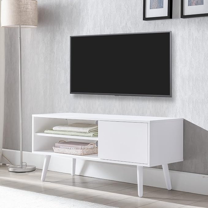 Cozy Castle TV Stand for 48-55 Inch TV, Mid Century Modern Entertainment Center with Storage Cabinet, TV Media Console with Charging Station for Living Room (White, 43.3" W x 15.7" D x 19.5" H) by CozyCastle