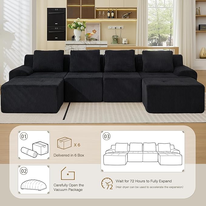 Modular Sectional Sofa, 6 Seat Modular Couch, Modular Sofa with Deep Seat and Detachable Pillow (Black, 6 Pieces-U Shape)