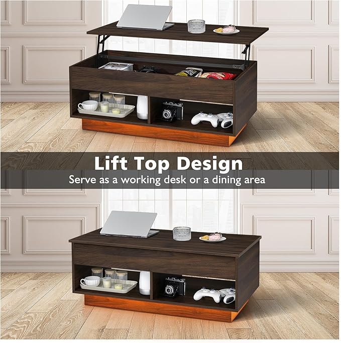 HOMMPA Lift Top Coffee Table with LED Light, Modern Center Table for Living Room, 3 Tiers Tea Table with Storage,Small Apartment Furniture with Hidden Compartment & 2 Open Shelves, Walnut