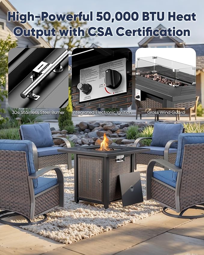 HUMMUH Outdoor Furniture with Fire Pit -Patio Table and Chairs Set of 4 Swivel Patio Chairs for Deck Porch Garden Poolside Backyard-Brown/Blue