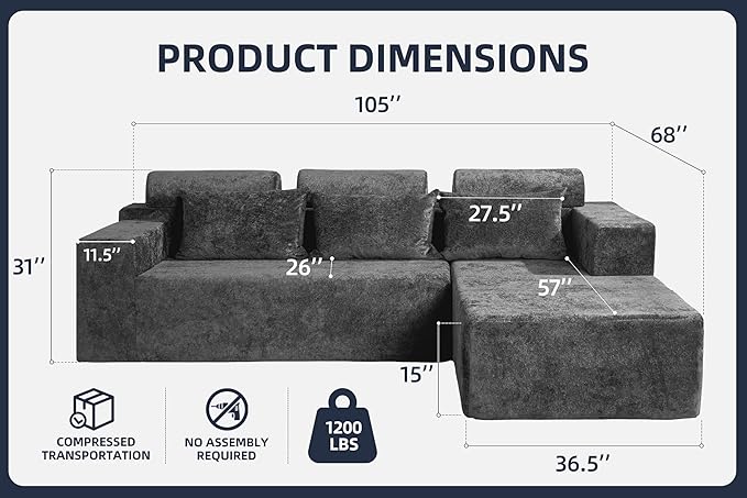 Homguava Modular Sectional Couches for Living Room,105" Cloud Couch with L-Shape Chaise,Comfy Sofa Living Room Couch with Deep Seat,No Assembly L Couch,Luxury Distressed Velvet(Grey,R)