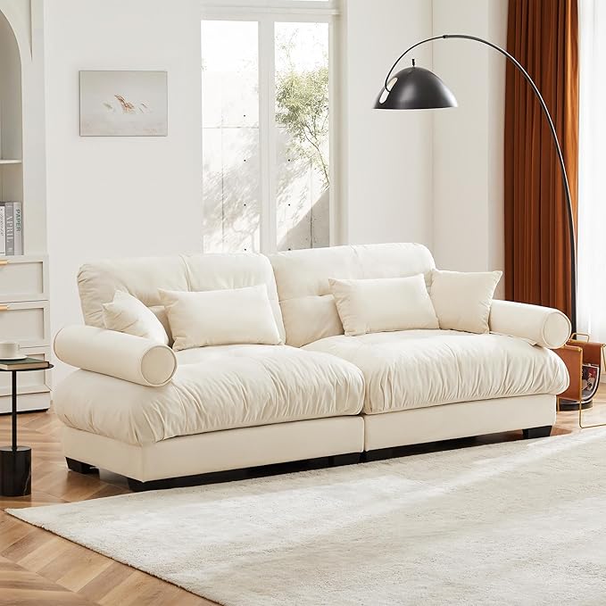 KEIKI 94" Oversized Velvet Modular Sectional Loveseat Sofa with High-Density Foam Cushions and Bolstered Armrests, Upholstered Modern Style 2-Seater Cloud Couch with 4 Pillow, for Living Room, Cream