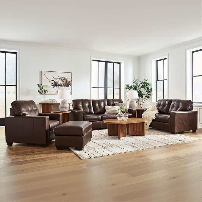 Signature Design by Ashley Santorine Classic Leather Match Rectangular Ottoman for Living Room, Dark Brown