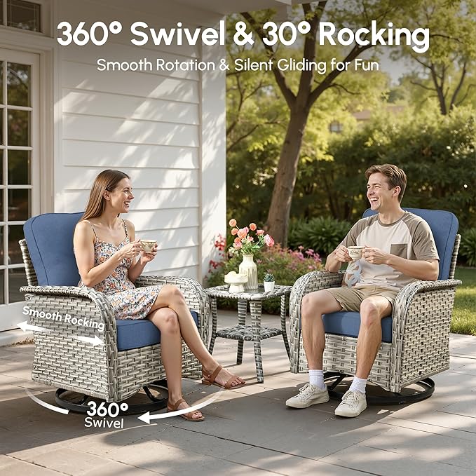 Patio Furniture Set, 8 Pieces Outdoor Wicker Conversation Sets with 2 Wicker Rocking Chair & Coffee Table Outdoor Sectional Sofa for Balcony Backyard Poolside Garden Lawn (Blue)