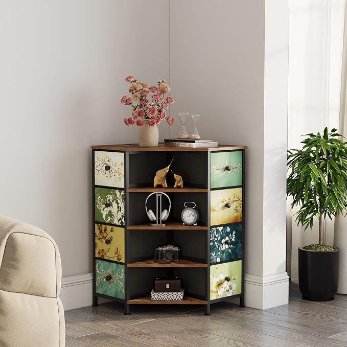 LUMTOK 8 Drawers Corner Dresser with Storage Fabric Drawers and Open Shelves for Small Space，Bedroom，Entryway，Living Room (Retro Pattern) - Image 8