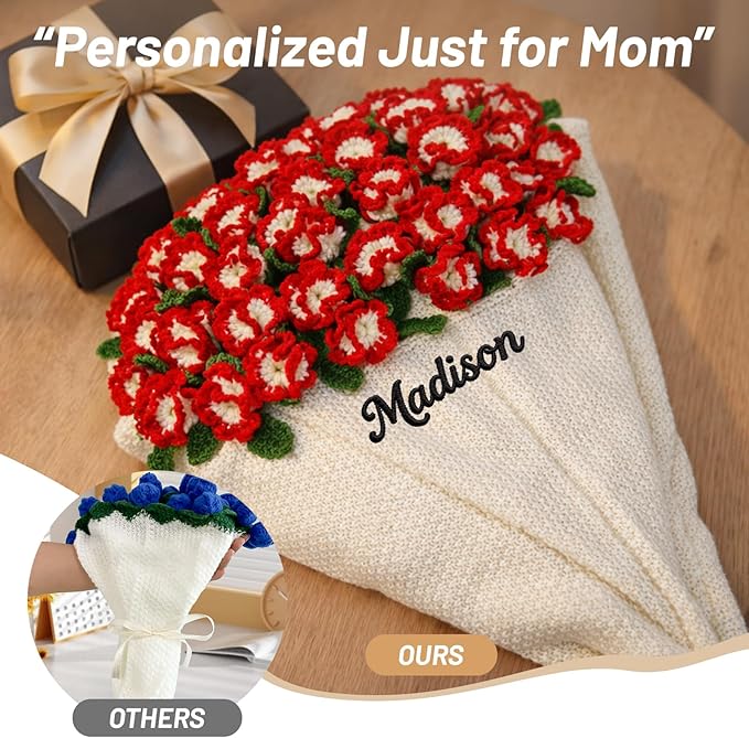 Personalized Handmade Crochet Rose Flower Blanket Bouquet – Custom Name Gift for Mother's Day, Valentine’s Day, Mom or Girlfriend（Carnations）