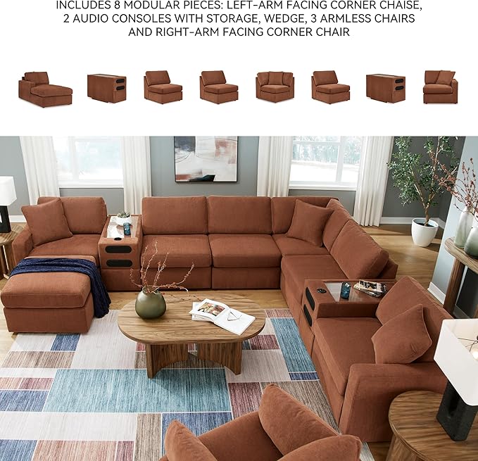 Signature Design by Ashley Modern Modmax Stain Resistant U-Shape Right-Arm Facing 8-PC Sectional with Chaise and Audio Consoles, Orange
